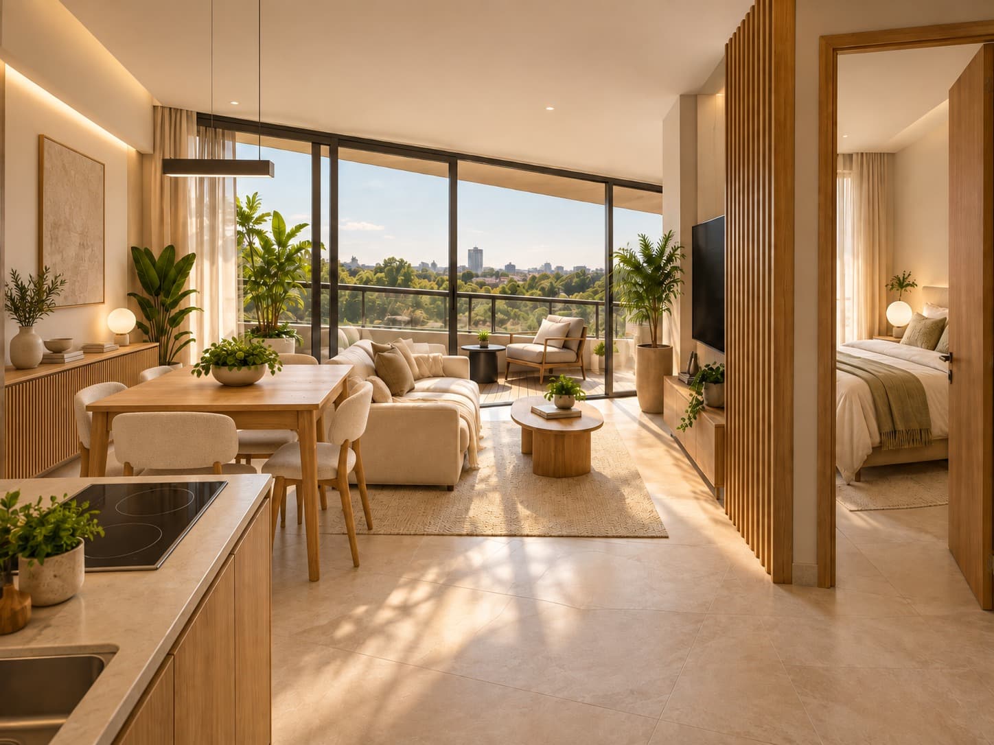 Render ilustrativo de un living con balcón y vista al verde